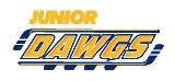 Junior Dawgs logo in yellow and blue with two hockey sticks around the word 