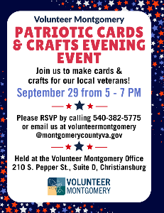 September Evening Event_Flyer Join us on September 29 from 5-7 PM as we make patriotic cards and crafts to local Veterans. You can email or call the office if you would like to come.